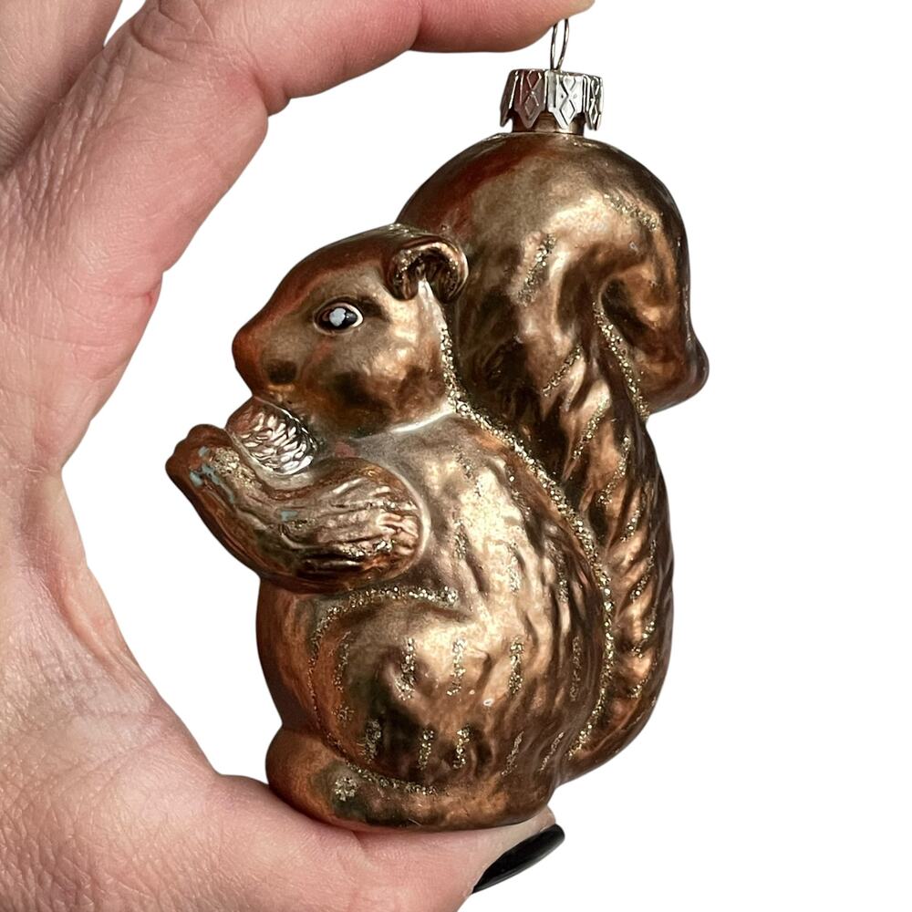 Squirrel with Acorn Glass Christmas Ornament Metallic Bronze Brown Gold Glitter
